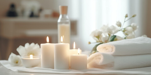 Fototapeta na wymiar Closeup of candles and white towels, spa salon background. AI generative