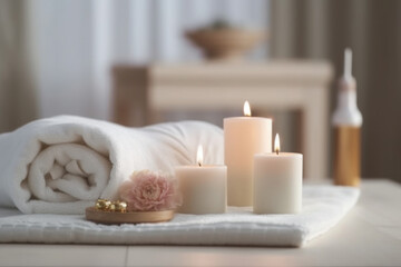 Fototapeta na wymiar Closeup of candles and white towels on table, bluured room interior on background. AI generative