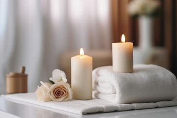 Fototapeta na wymiar Closeup of candles and white towels on table, blurred bathroom interior on background. AI generative