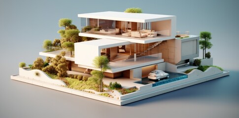 3d rendering of modern house plan, in style of conceptual minimalism, concrete, floating structures. Generative AI