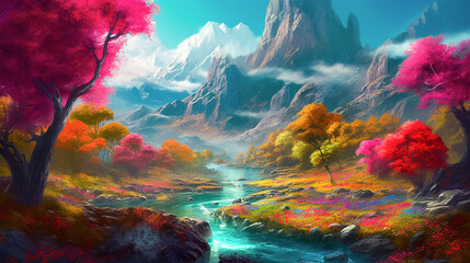 A dreamy fantasy landscape filled with vibrant pristine lush untouched nature, mountain valley, flowers and streams.