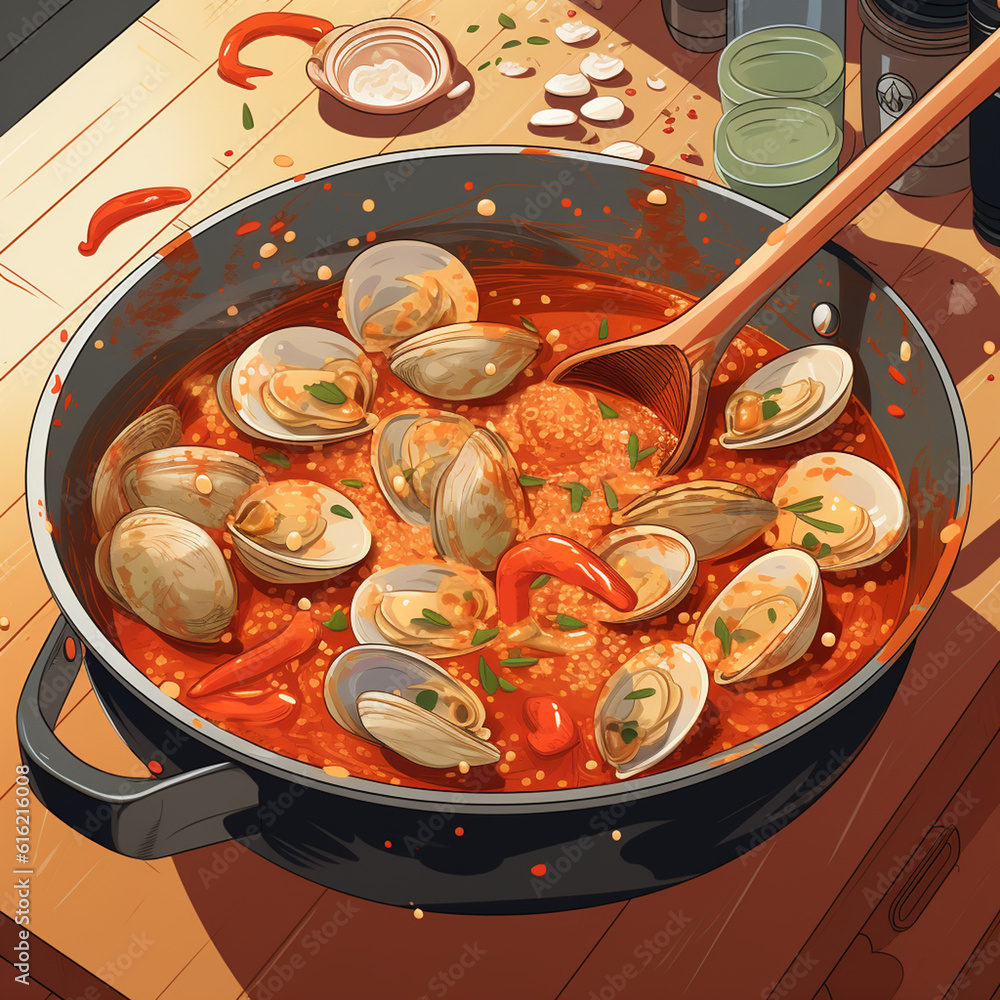 Wall mural illustration of mussels with delicious sauce