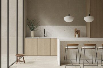 Modern scandinavian kitchen design with island and decor , 3d rendering 