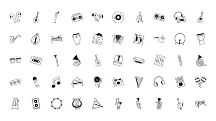 Fototapeta na wymiar Musical instrument icons set. Strings, winds, keyboards, percussion. Icon Vector illustration collection 