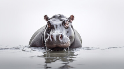 hippopotamus in the water, white background. Generative AI.