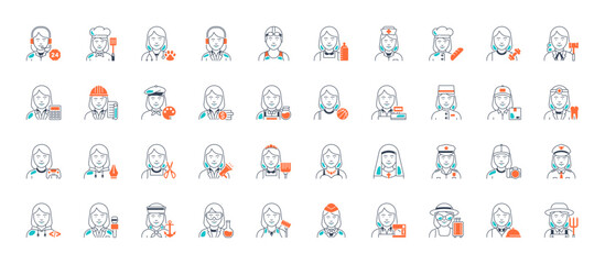Women professions icons set. Occupations, Workers, Lawyer, Chef, Doctor, Developer, Scientist, Farmer, Entrepreneur. Isolated vector illustrations icon.	
