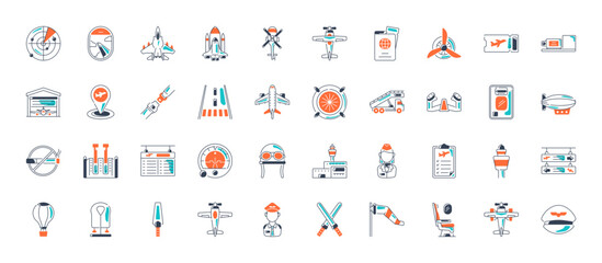 Set of aviation icons. vector icon set such as takeoff, runway, air balloon, landing, monitors, aircraft. airport vector illustration.

