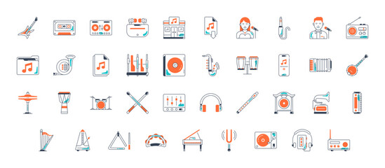Musical instrument icon set. Strings, winds, keyboards, percussion. Vector illustration. Collection