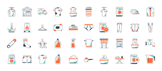 Vector set of laundry icons with of hand washing, dress, iron, washing powder for website and app
