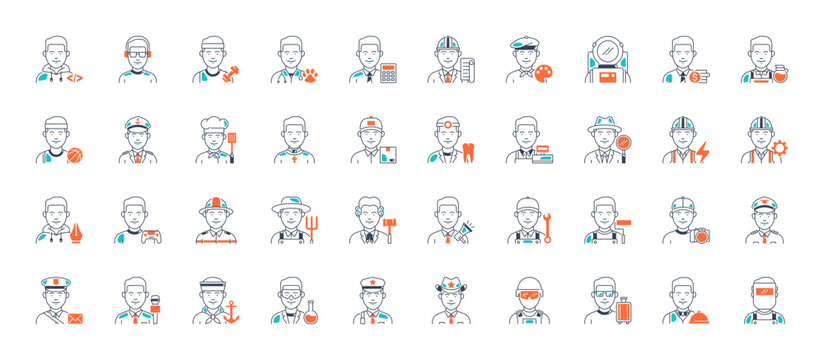Professions icons set. Occupations, Workers, Lawyer, Chef, Doctor, Developer, Scientist, Farmer, Entrepreneur. Isolated vector illustrations icon.	
