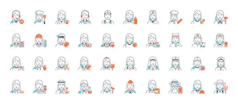 Women professions icons set. Occupations, Workers, Lawyer, Chef, Doctor, Developer, Scientist, Farmer, Entrepreneur. Isolated vector illustrations icon.	
