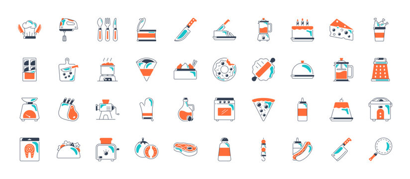 40 gastronomy universal icons set with Apple, Steak, Menu, Oyster, Fast food, Lemon, Coffee beans, Gin, Lime, Lemon vector illustration
