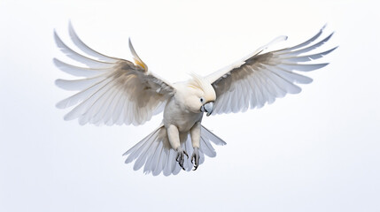 white cockatoo flying, white background. Generative AI.
