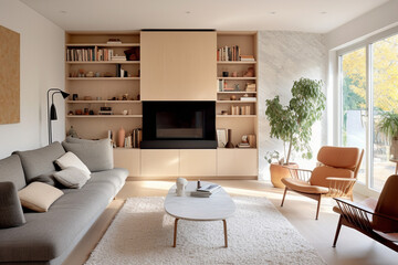 Fototapeta premium Salon moderne avec canapé, table basse, cheminée, style contemporain et scandinave, vue sur l'extérieur, automne