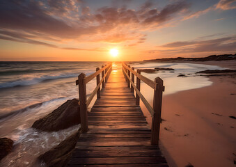 Obraz premium pier at the beach, nice sunset over the ocean with dock