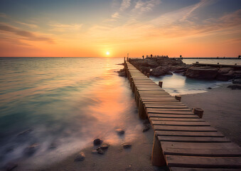 Obraz premium pier at the beach, nice sunset over the ocean with dock