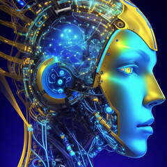 Side view of a humanoid head with blue and yellow eyes and vibrant neon neural network, representing futuristic technology and artificial intelligence. generative ai.