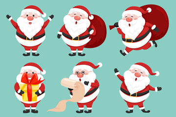 Santa Claus characters in various poses and scenes. Merry Christmas cutout element