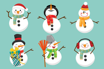 Snowman characters in various poses and scenes. Merry Christmas cutout element