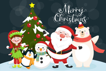 Christmas scenes Santa claus, penguin, elf, bear, snowman, christmas tree.