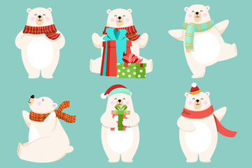 Polar bear characters in various poses and scenes. Merry Christmas cutout element - 616217690