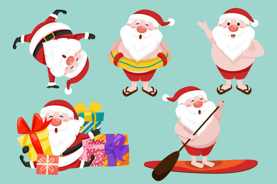 Santa Claus characters in various poses and scenes. Merry Christmas cutout element