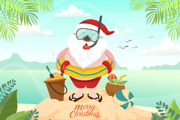 Santa Claus wearing swim ring. Summer Santa Claus with scuba he has a rest on beach tropical ocean background.