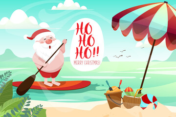 Santa Claus rowing on surf board against tropical ocean background.