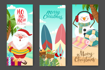 Merry Christmas and New Year background banner. Santa claus, snowman on the beach banner.
