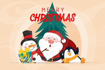 Merry christmas card with santa claus and snowman