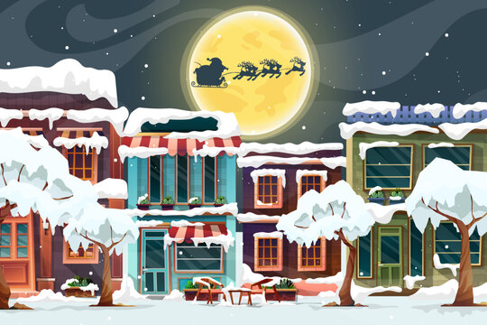 Santa Claus sled over rooftop and chimney at the Christmas night with full moon and snowy.