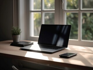 Blank screen laptop on wooden table in bright room, realistic and neutral scene with productivity ideas, generative AI
