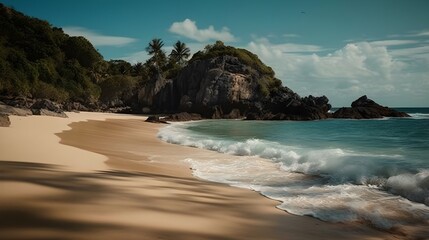 Landscape of beautiful transparent turquoise water beach, white sand and tropical green and cliff, and rocky mountain. Undiscovered island. Generative AI technology.