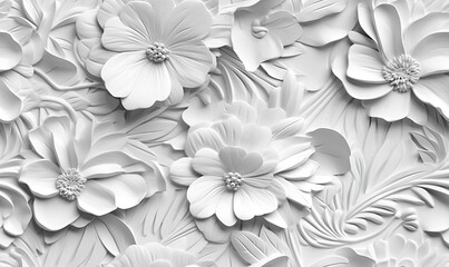  a white flower wallpaper with many flowers on it's side and leaves on the other side of the wall, with a white background.  generative ai