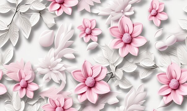  a bunch of pink flowers on a white background with leaves and flowers on the bottom of the image and the bottom of the image with pink flowers on the bottom of the image.  generative ai