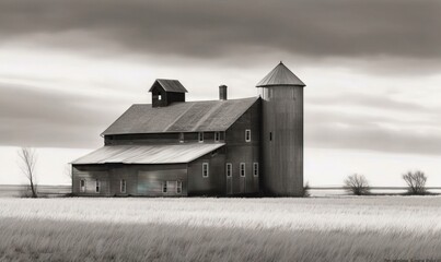  a black and white photo of a barn in a field with a cloudy sky in the background and a few trees in the foreground.  generative ai