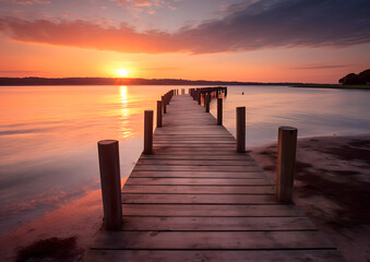 Fototapeta premium pier at the beach, nice sunset over the ocean with dock
