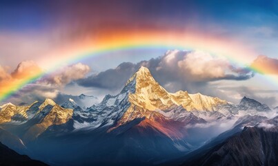  a rainbow over a mountain range with a rainbow in the middle of the sky and a rainbow in the middle of the mountain, with a rainbow in the middle of the sky.  generative ai