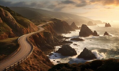 Fototapeta premium a scenic view of the ocean with a road going through the middle of the ocean and a bridge in the middle of the road to the right of the picture. generative ai