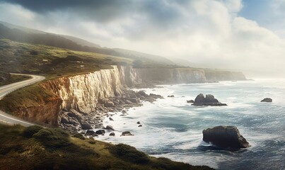 Obraz premium a scenic view of the ocean with a road going through the middle of the ocean and a cliff on the side of the road with a car. generative ai