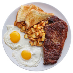 steak and eggs breakfast meal with toast, fried potatoes, and sunny side up eggs on transparent background shot from overhead view