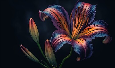 a painting of a purple and orange flower on a black background with a green stem in the center of the flower and a yellow stamen.  generative ai