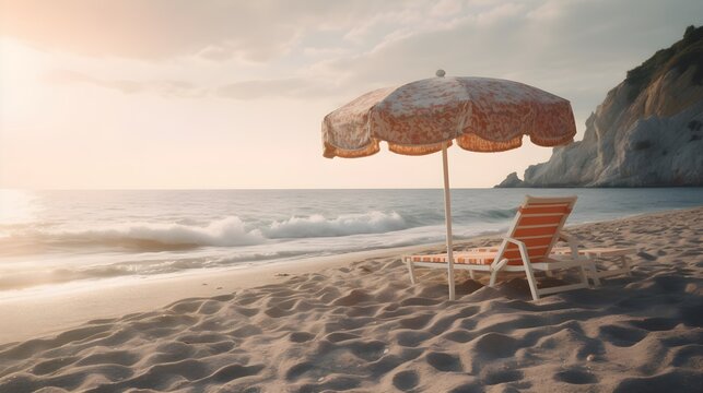 A beautiful tropical sandy beach with evening golden hour sunset glaring, and some umbrella chair beach, mountain cliff at the background, good for background. Summer beach. Generative AI technology.