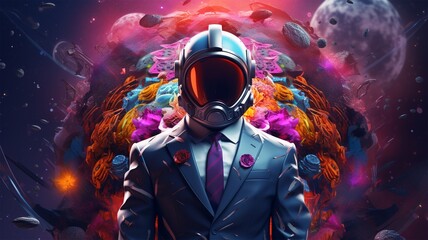 Beautiful painting of an astronaut in a colorful galaxy on a different planet background, generative ai