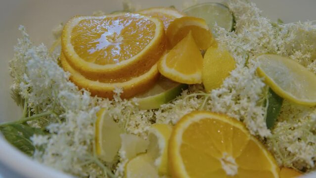 bowls with elder flower syrup ingredients