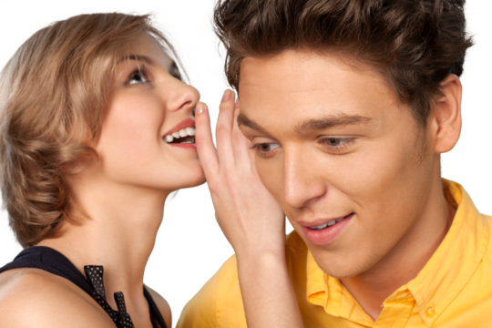 Woman Whispering to Her Partner, Isolated on Transparent Background