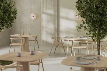 Interior of modern cafe, restaurant with wooden tables and chairs, green tree plants, sunlight on a wall, wall panel, 3d rendering
