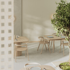 Cafe interior in light biege tones with green plants and sunlight, wooden tables and chairs, served tables, 3d render