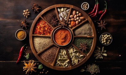 Fototapeta na wymiar a wheel of spices surrounded by spices and herbs on a wooden table with spices and seasonings in bowls on the side of the wheel. generative ai