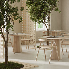 Fototapeta na wymiar Cafe bar restaurant, 3d render. Empty restaurant interior daytime with wooden tables and chairs, tree plant inside, natural style, nobody indoor